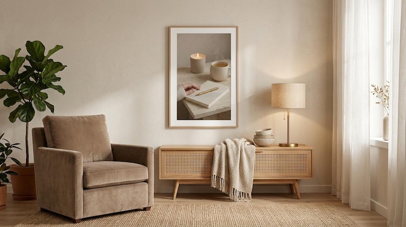 Evening journal ritual wall art printable above cane console with velvet armchair and fiddle leaf fig, neutral beige home office corner