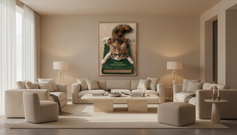 Wide view of a neutral living room with the kitten on book print framed above a low sofa in soft daylight