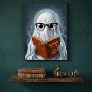 The ghost reading print on a deep teal wall above a narrow shelf with antique books and a brass candlestick