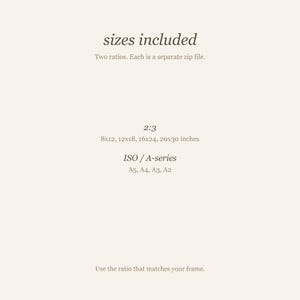 Cream size guide card listing the print sizes included in the download
