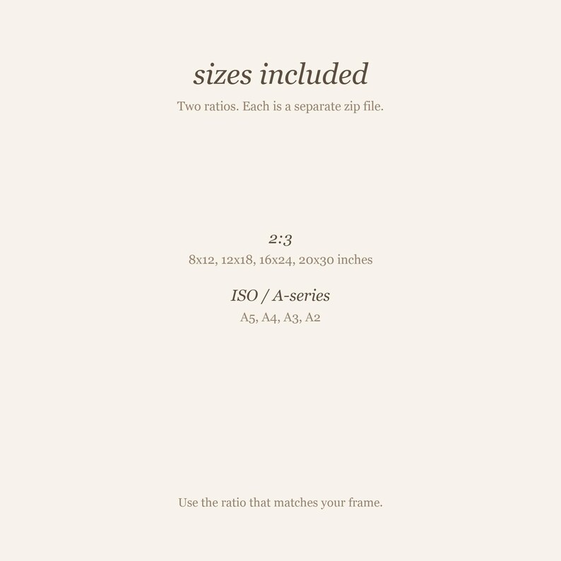 Cream size guide card listing the print sizes included in the download