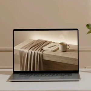 The Quiet Room wallpapers shown in use: a laptop on a pale wood desk displaying one of the neutral desktop wallpapers — a linen-draped bench with a stoneware mug in warm afternoon light.