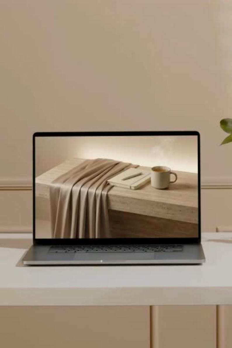 The Quiet Room wallpapers shown in use: a laptop on a pale wood desk displaying one of the neutral desktop wallpapers — a linen-draped bench with a stoneware mug in warm afternoon light.
