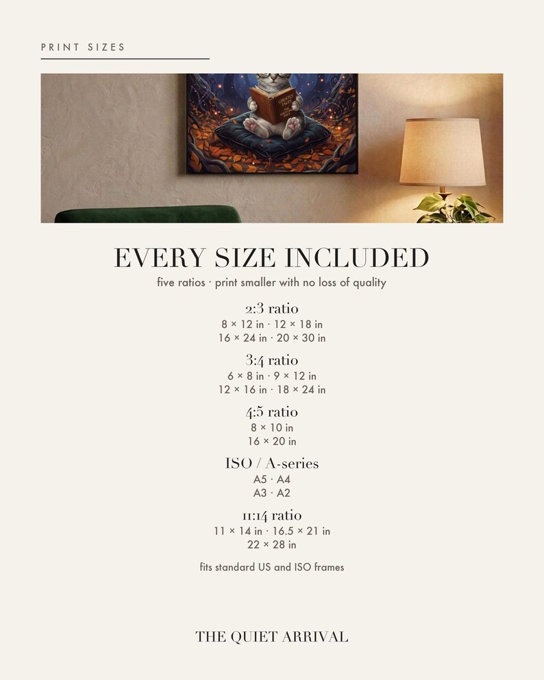 Size chart card listing every print size included for each aspect ratio in this download.