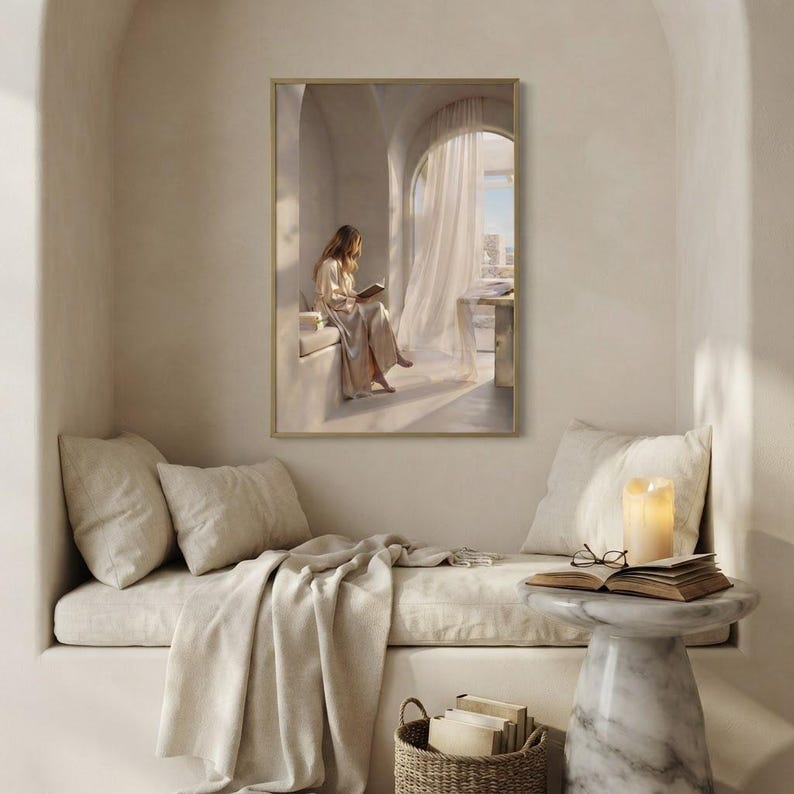 The you can stay here print framed as the focal point of a calm neutral interior. neutral printable wall art, minimalist home decor, Japandi style, calm living room and bedroom decor, slow living digital download.