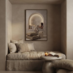 The built for rest print framed as the focal point of a calm neutral interior. neutral printable wall art, minimalist home decor, Japandi style, calm living room and bedroom decor, slow living digital download.