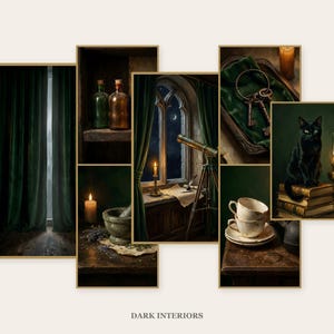 Seven framed dark academia interior prints arranged as a gallery wall: a dark green velvet curtain with a chink of light, apothecary bottles on a shelf, a mortar and pestle with a candle and lavender, a brass telescope at a gothic window under a crescent moon, iron keys on green velvet, stacked teacups with a pewter teapot, and a black cat on a stack of books beside an oil lamp. Caption reads Dark Interiors.