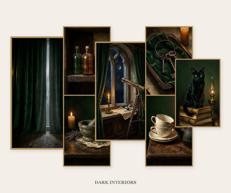 Seven framed dark academia interior prints arranged as a gallery wall: a dark green velvet curtain with a chink of light, apothecary bottles on a shelf, a mortar and pestle with a candle and lavender, a brass telescope at a gothic window under a crescent moon, iron keys on green velvet, stacked teacups with a pewter teapot, and a black cat on a stack of books beside an oil lamp. Caption reads Dark Interiors.