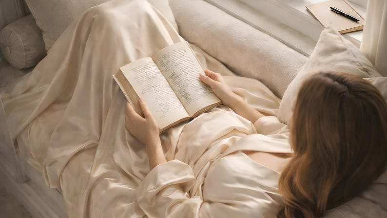 Close-up of the Quiet Reader printable wall art: a woman in a satin robe reading a book in a window seat nook, viewed from directly above, warm beige tones.