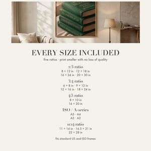 Insert card showing the five printable ratios and exact inch and ISO sizes included in this digital download
