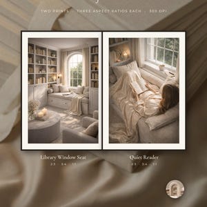 The full set: two printable wall art designs shown on soft satin, titled Library Window Seat and Quiet Reader, each supplied in 2:3, 3:4 and square. Beige wall art from The Quiet Arrival.
