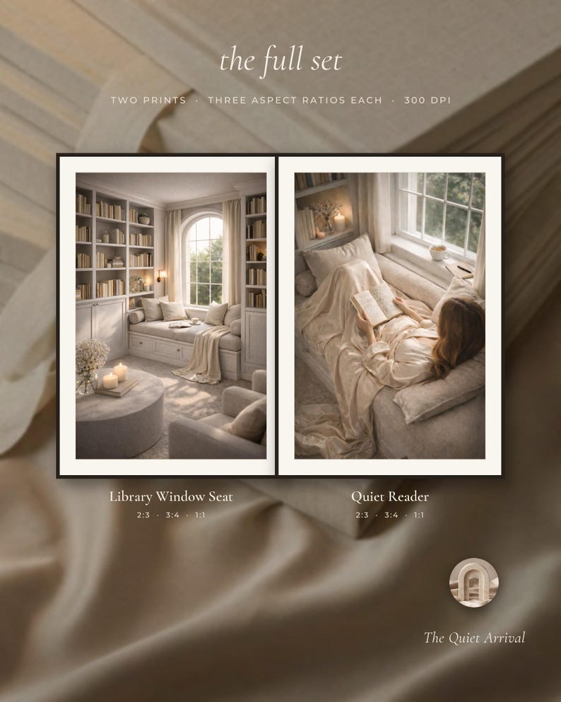 The full set: two printable wall art designs shown on soft satin, titled Library Window Seat and Quiet Reader, each supplied in 2:3, 3:4 and square. Beige wall art from The Quiet Arrival.