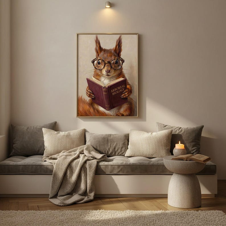 Painterly print of a red squirrel in round tortoiseshell glasses reading a wine-red book framed above a cushioned window seat with a lit candle and a folded knit throw