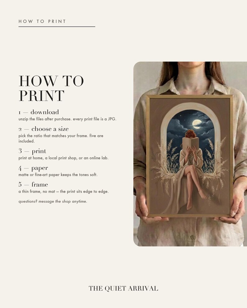 How to print card: download and unzip, choose the ratio that fits your frame, print at home or at a print shop, and framing and paper tips.