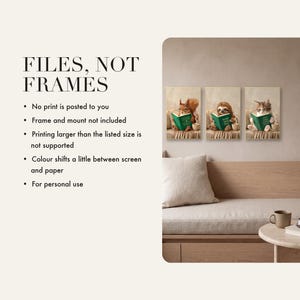 Files, not frames: a list explaining that nothing is posted, frames are not included, printing larger than the listed size is not supported and colour shifts between screen and paper, beside three framed prints above a daybed