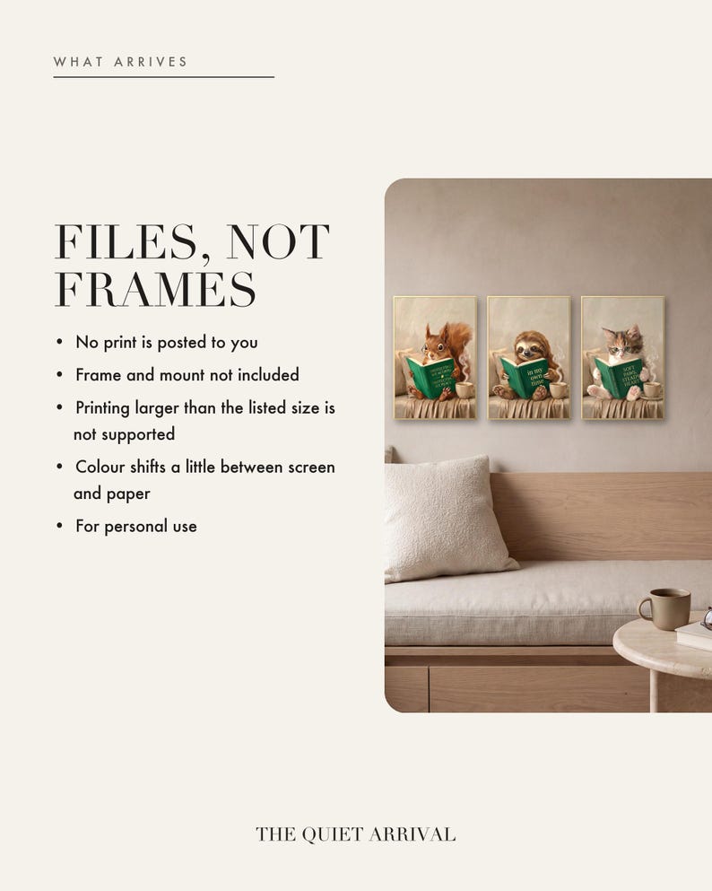 Files, not frames: a list explaining that nothing is posted, frames are not included, printing larger than the listed size is not supported and colour shifts between screen and paper, beside three framed prints above a daybed