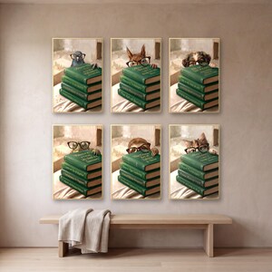 Six framed prints of animals peeking over stacks of green books, hung in a three by two grid on a warm plaster wall above a pale oak bench.