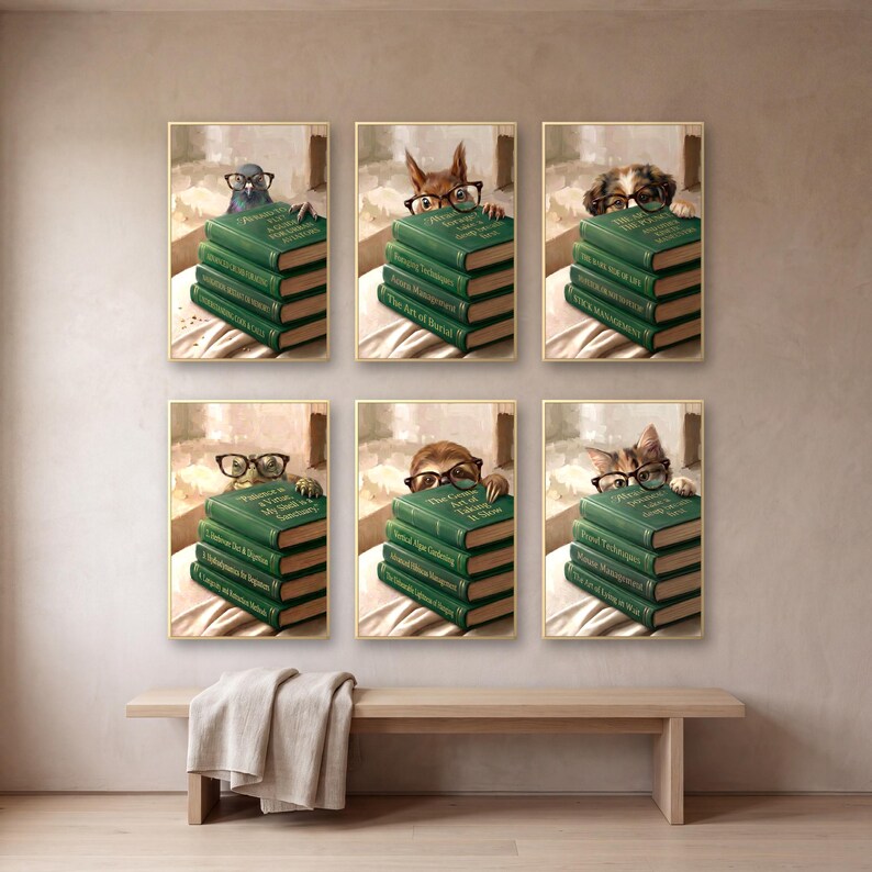 Six framed prints of animals peeking over stacks of green books, hung in a three by two grid on a warm plaster wall above a pale oak bench.