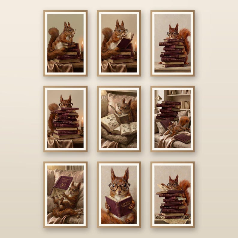 Nine squirrel reading art prints in warm oak frames arranged in a grid on a plaster wall