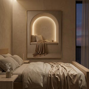 Reading nook wall art hung in a quiet bedroom with textured plaster walls, linen bedding, and a thin gold frame, no mat.