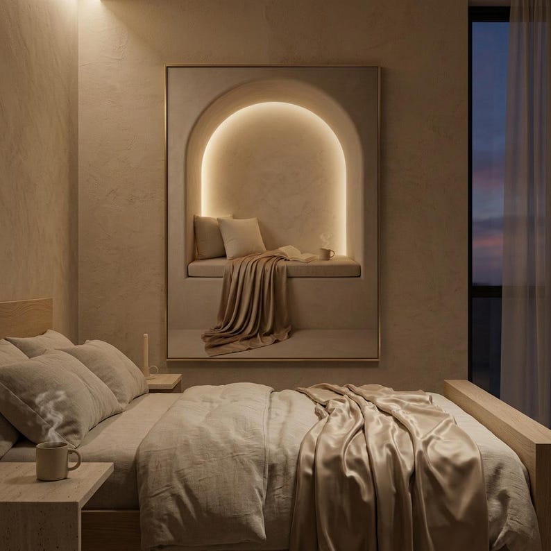 Reading nook wall art hung in a quiet bedroom with textured plaster walls, linen bedding, and a thin gold frame, no mat.
