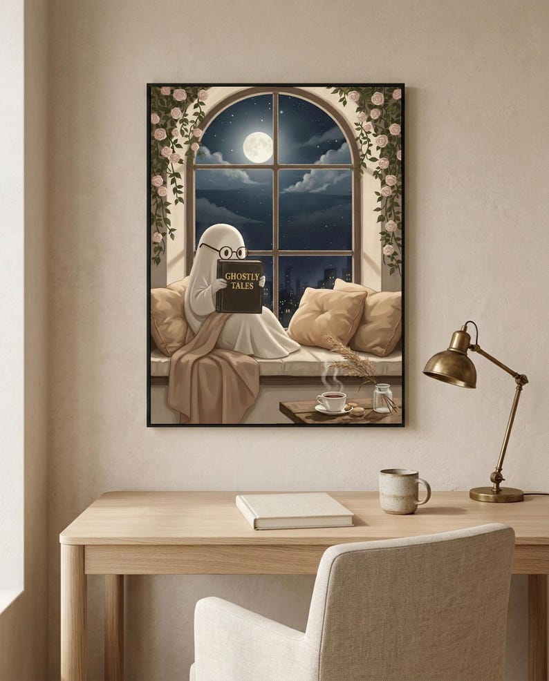 The window seat coffee ghost reading print framed above a pale oak desk with a stoneware mug and a brass lamp