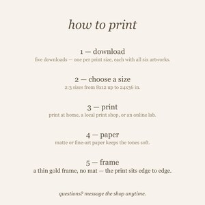 How to print guide included with the emerald green reading nook art set of six digital downloads, for home printing or print shop.