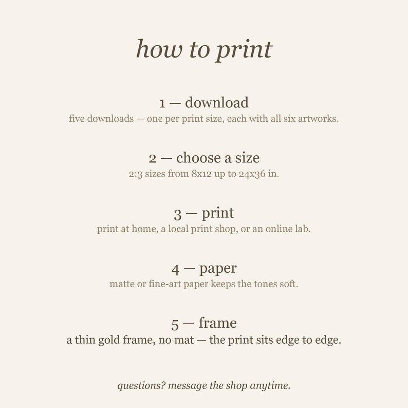 How to print guide included with the emerald green reading nook art set of six digital downloads, for home printing or print shop.