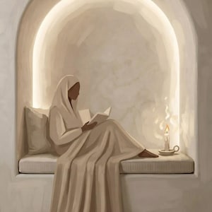 May include: A digital illustration of a figure draped in a beige cloth reading a book while seated in a recessed arched wall niche. A lit candle in a small holder sits nearby on the bench, with soft warm light illuminating the scene in neutral tones.