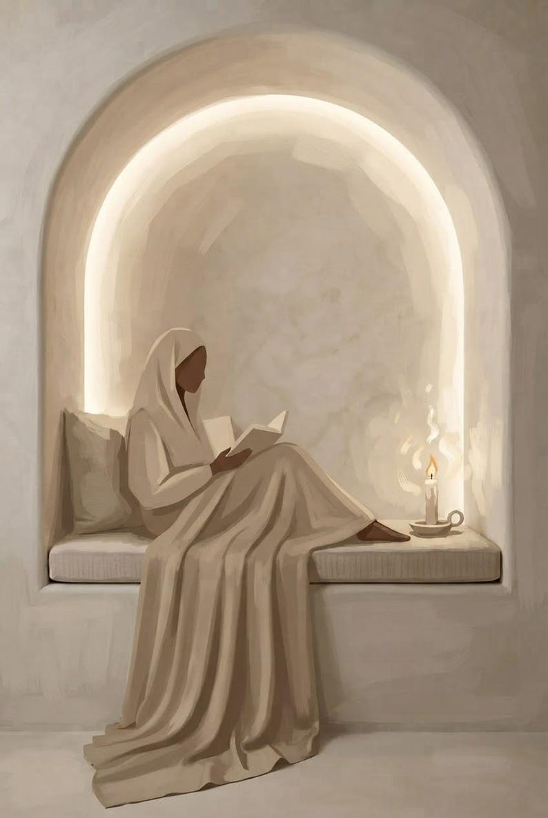May include: A digital illustration of a figure draped in a beige cloth reading a book while seated in a recessed arched wall niche. A lit candle in a small holder sits nearby on the bench, with soft warm light illuminating the scene in neutral tones.