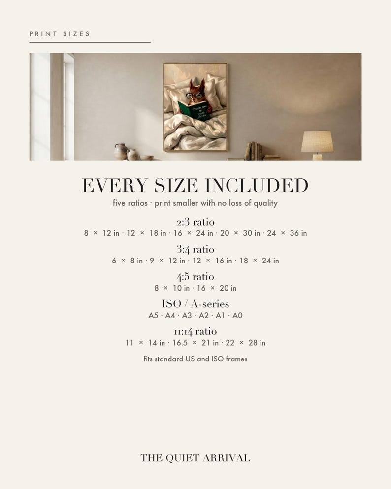 Print size chart showing every included ratio and dimension for this digital wall art download