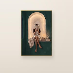 Brunette woman reading in an emerald green arched nook. Emerald green printable wall art shown framed on a plain wall.
