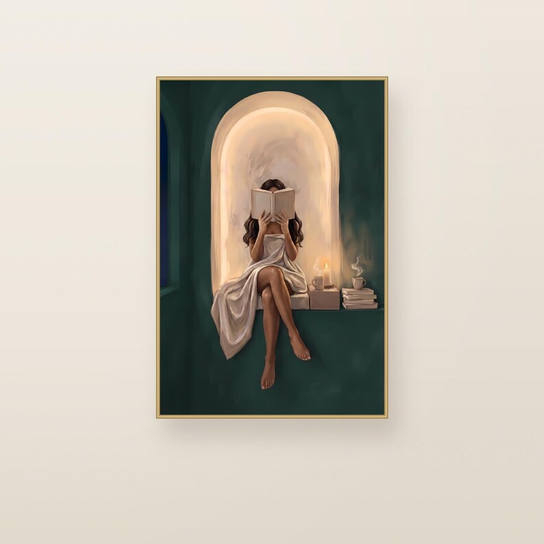 Brunette woman reading in an emerald green arched nook. Emerald green printable wall art shown framed on a plain wall.