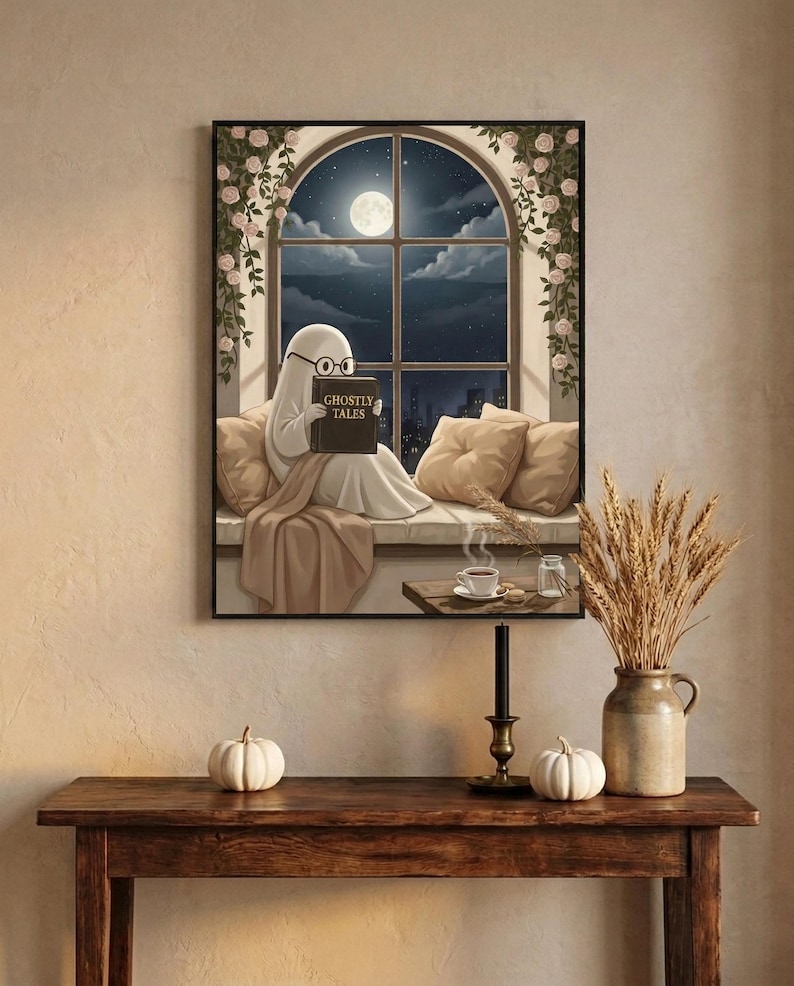 The window seat coffee ghost reading print framed above an entryway console styled for autumn with white pumpkins and dried wheat