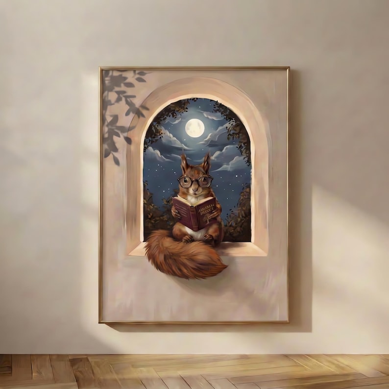 Painterly print of a red squirrel in round glasses reading a clothbound book titled Arboreal Biology, seated in an arched window with a full moon and starry night sky behind, framed on a plaster wall