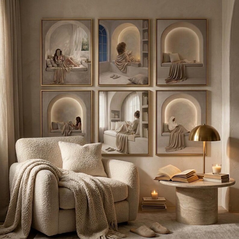 Six gold-framed beige reading nook prints as a gallery wall above a cream boucle armchair with a knit throw, a brass dome lamp, open books and slippers.