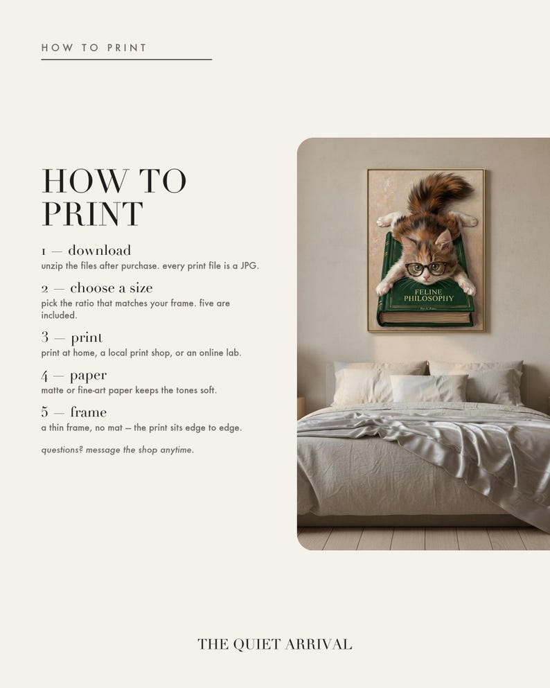 How to print card: download and unzip, choose the ratio that fits your frame, print at home or at a print shop, and framing and paper tips.