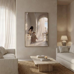 The soft hours print framed as the focal point of a calm neutral interior. neutral printable wall art, minimalist home decor, Japandi style, calm living room and bedroom decor, slow living digital download.