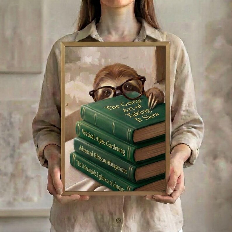 A person in a linen shirt holding the sloth peeking over books art print in a slim gold frame against a soft neutral background