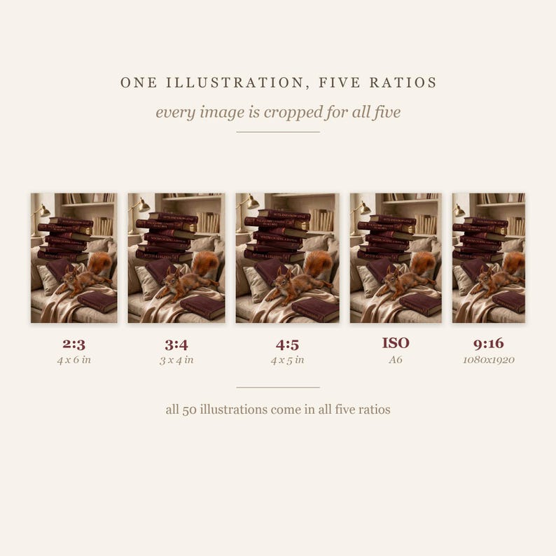 One squirrel illustration cropped to five aspect ratios side by side with size labels