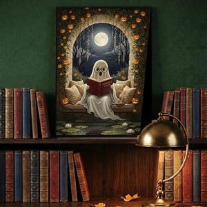 The pumpkin arch ghost reading print framed and leaning on a dark wood library shelf against a deep green wall