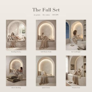 The Full Set overview card, six prints in five ratios, showing all six artworks: Reading Nook 4, Soft Plaster Nook, By Candlelight, Alcove Reading, Quiet Corner and Window Seat.