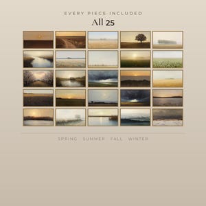All 25 landscape artworks in the set shown as a five by five grid of framed thumbnails, covering spring, summer, fall and winter scenes of fields, rivers, trees and sunsets