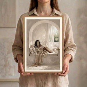 Hands holding a framed neutral Black woman reading nook wall art print in a thin gold frame with no mat against a light wall, showing the arched reading niche, draped linen, and warm beige tones.