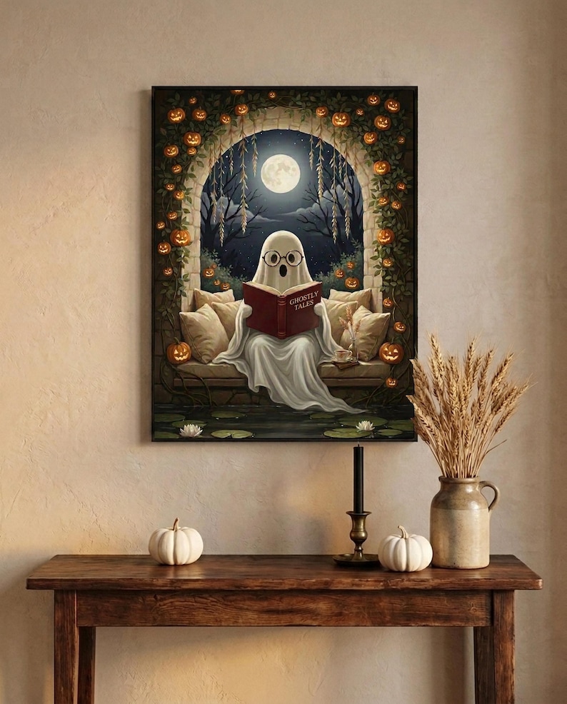 Painterly print of a small ghost in round glasses reading in a pumpkin-lit stone arch, holding a book titled Ghostly Tales, framed above an entryway console styled for autumn with white pumpkins and dried wheat