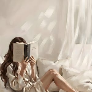 Close-up detail of the woman reading nook wall art showing the figure, draped linen, and warm beige daylight in the arched reading niche.