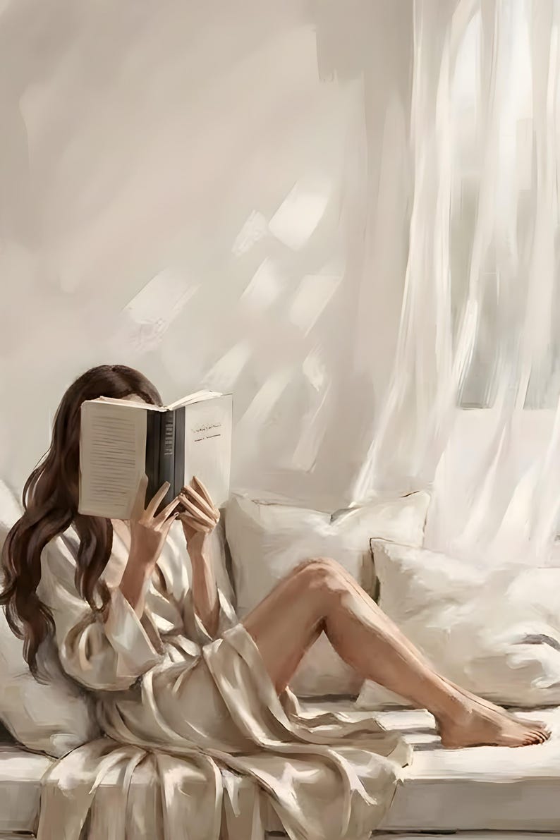 Close-up detail of the woman reading nook wall art showing the figure, draped linen, and warm beige daylight in the arched reading niche.