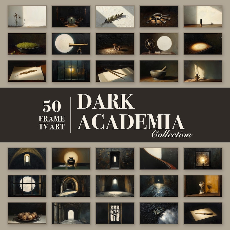 Grid of 50 dark academia Frame TV artworks with a band reading 50 Frame TV Art, Dark Academia Collection