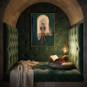 Emerald green reading nook art print in a thin gold frame inside a stone archway, above a tufted green velvet banquette with a cable-knit throw, an oil lamp and open books.
