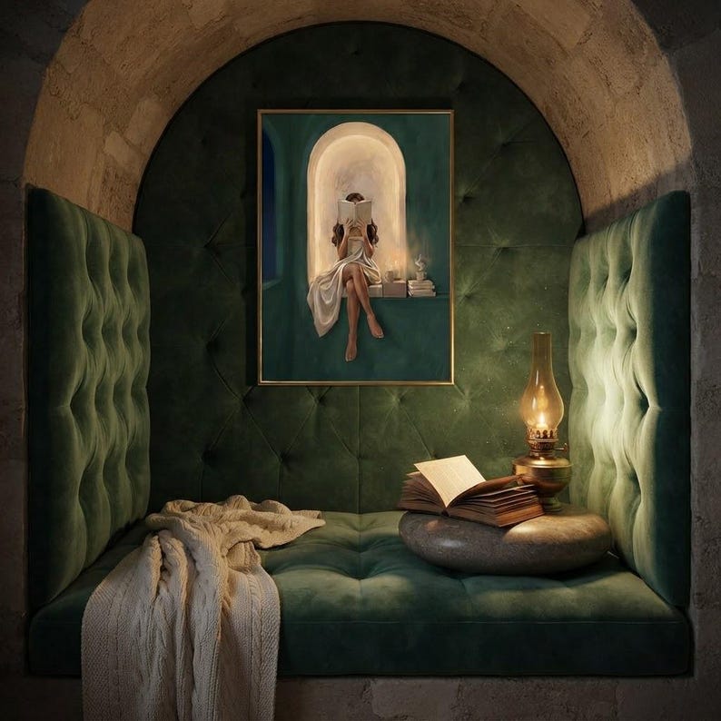 Emerald green reading nook art print in a thin gold frame inside a stone archway, above a tufted green velvet banquette with a cable-knit throw, an oil lamp and open books.
